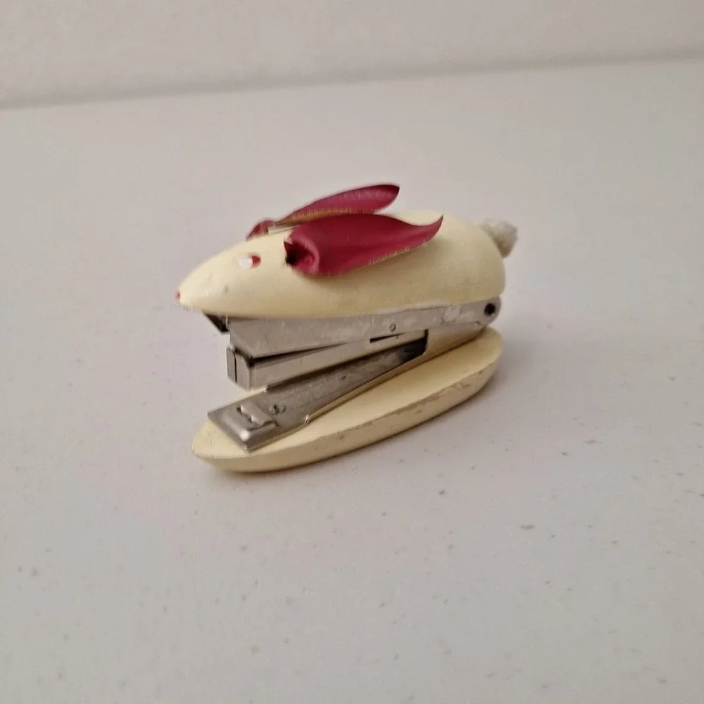 Vintage WOODEN MOUSE STAPLER 1950's Mid-Century Modern Leather Ears Painted